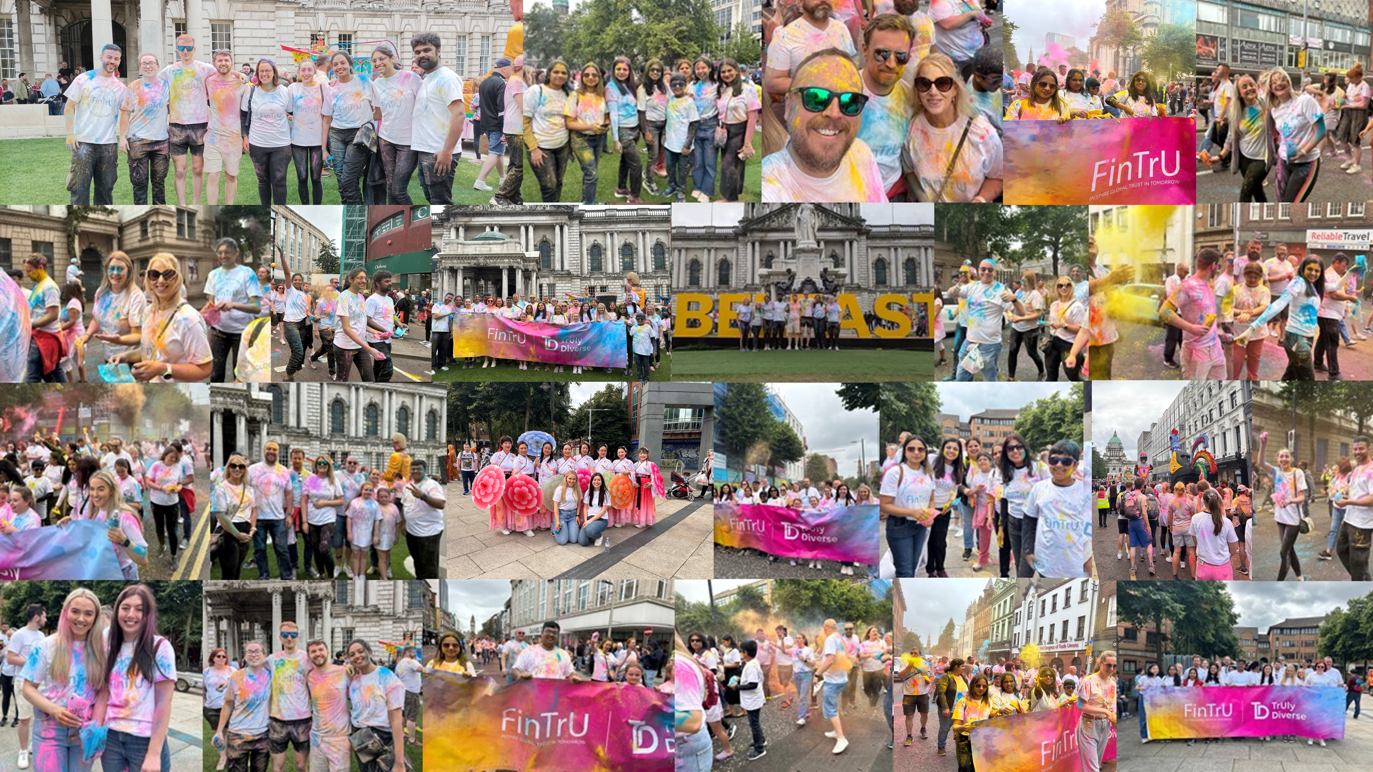 Summer Parties collage with FinTrU employees holding custom FinTrU Summer Party banners